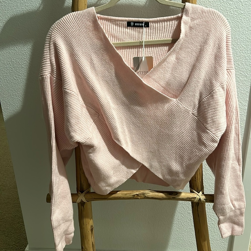 Long Sleeve Sweater Cross Wrap Front Off Shoulder